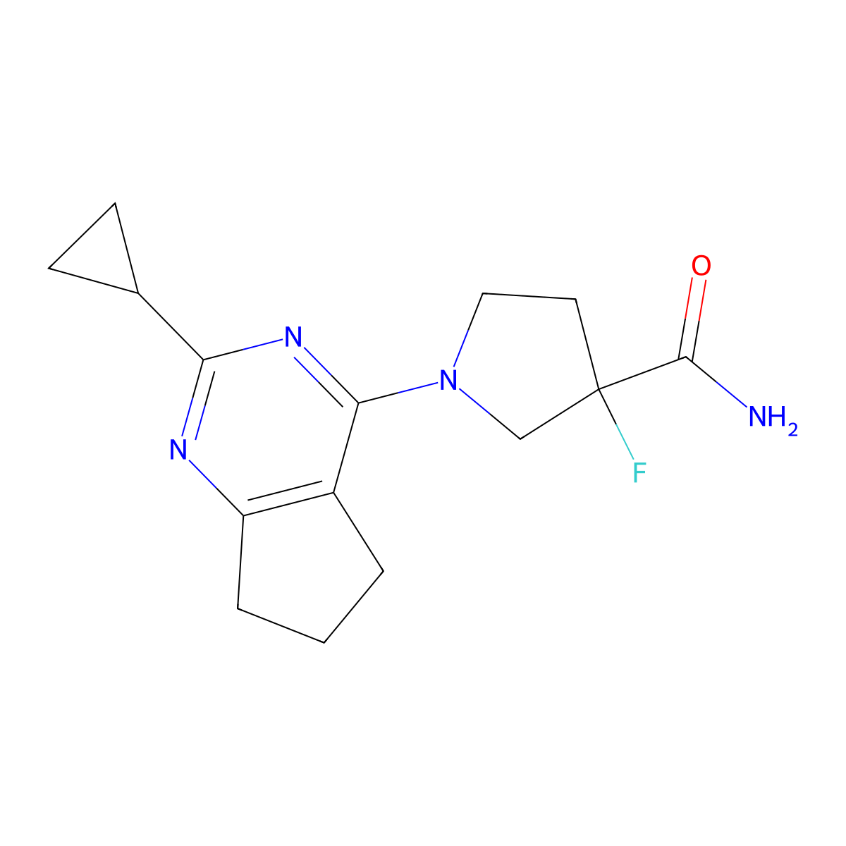 1-{2-cyclopropyl-5H,6H,7H-cyclopenta[d]pyrimidin-4-yl}-3-fluoropyrrolidine-3-carboxamide molecular structure, CAS 2640944-44-9