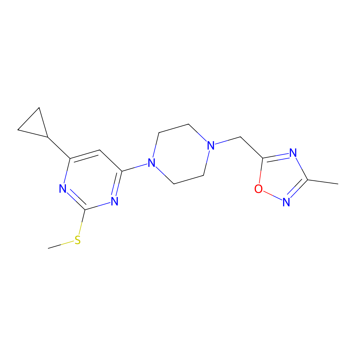 4-Cyclopropyl-6-{4-[(3-methyl-1,2,4-oxadiazol-5-yl)methyl]piperazin-1-yl}-2-(methylsulfanyl)pyrimidine molecular structure, CAS 2640944-47-2