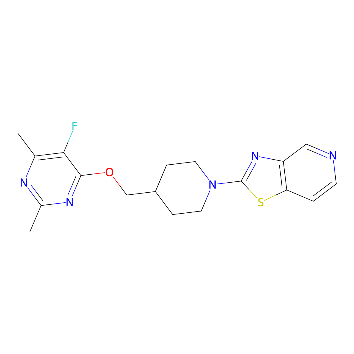 5-Fluoro-2,4-dimethyl-6-[(1-{[1,3]thiazolo[4,5-c]pyridin-2-yl}piperidin-4-yl)methoxy]pyrimidine molecular structure, CAS 2640944-49-4