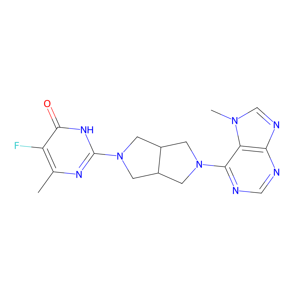 5-fluoro-6-methyl-2-[5-(7-methyl-7H-purin-6-yl)-octahydropyrrolo[3,4-c]pyrrol-2-yl]-3,4-dihydropyrimidin-4-one molecular structure, CAS 2640944-52-9