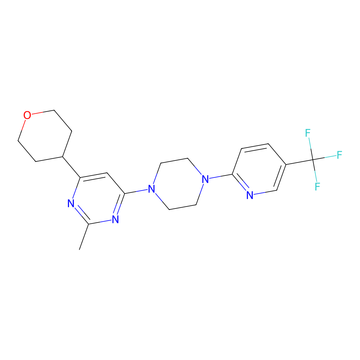 2-Methyl-4-(oxan-4-yl)-6-{4-[5-(trifluoromethyl)pyridin-2-yl]piperazin-1-yl}pyrimidine molecular structure, CAS 2640944-56-3