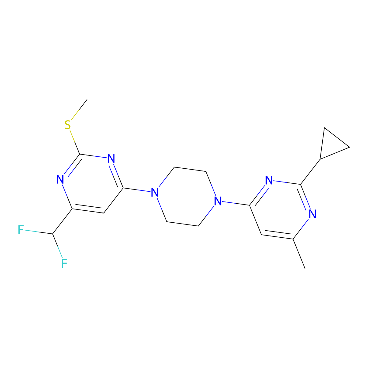 2-Cyclopropyl-4-{4-[6-(difluoromethyl)-2-(methylsulfanyl)pyrimidin-4-yl]piperazin-1-yl}-6-methylpyrimidine molecular structure, CAS 2640944-60-9