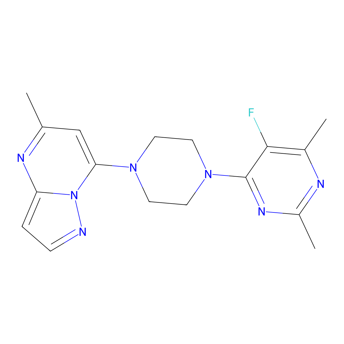5-Fluoro-2,4-dimethyl-6-(4-{5-methylpyrazolo[1,5-a]pyrimidin-7-yl}piperazin-1-yl)pyrimidine molecular structure, CAS 2640944-61-0