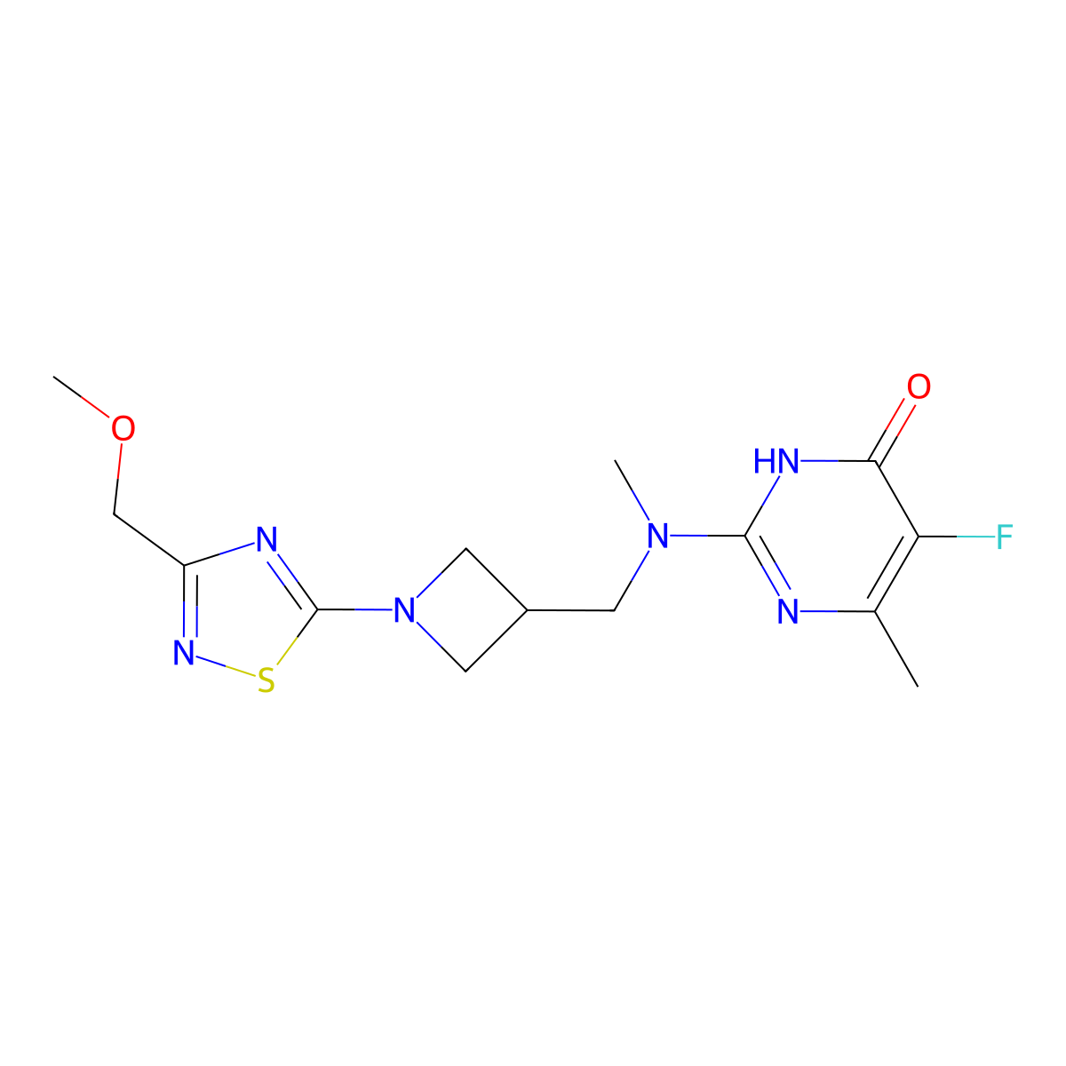 5-Fluoro-2-[({1-[3-(methoxymethyl)-1,2,4-thiadiazol-5-yl]azetidin-3-yl}methyl)(methyl)amino]-6-methyl-3,4-dihydropyrimidin-4-one molecular structure, CAS 2640944-63-2