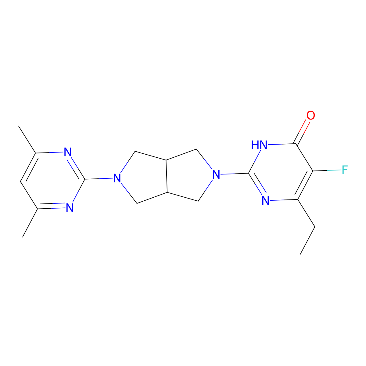 2-[5-(4,6-Dimethylpyrimidin-2-yl)-octahydropyrrolo[3,4-c]pyrrol-2-yl]-6-ethyl-5-fluoro-3,4-dihydropyrimidin-4-one molecular structure, CAS 2640944-66-5