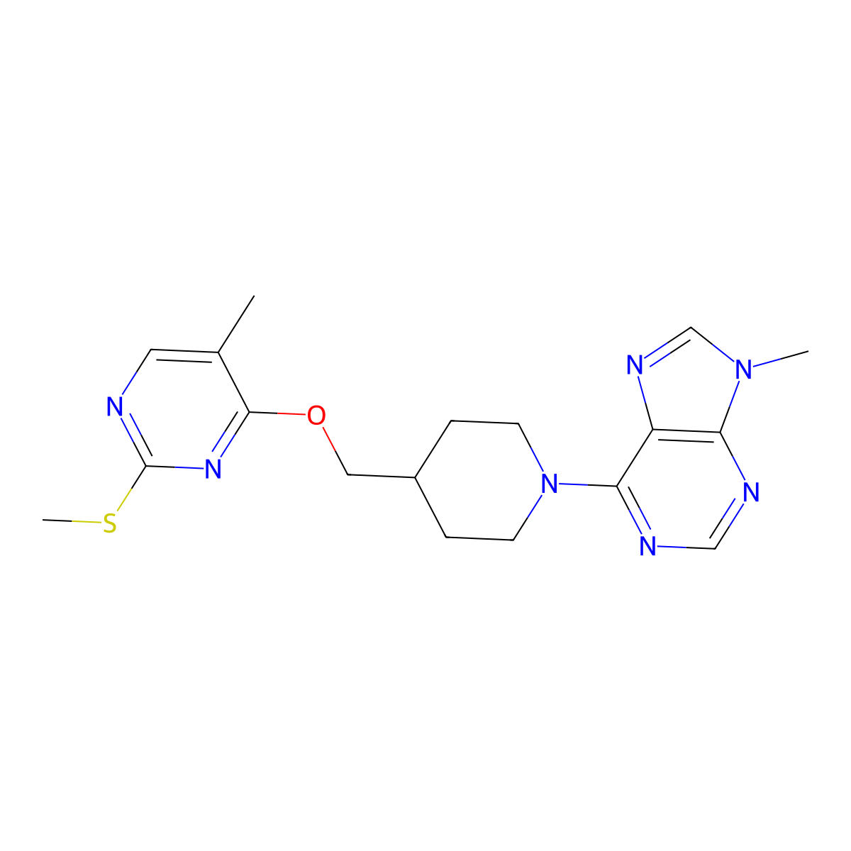 9-methyl-6-[4-({[5-methyl-2-(methylsulfanyl)pyrimidin-4-yl]oxy}methyl)piperidin-1-yl]-9H-purine molecular structure, CAS 2640944-67-6