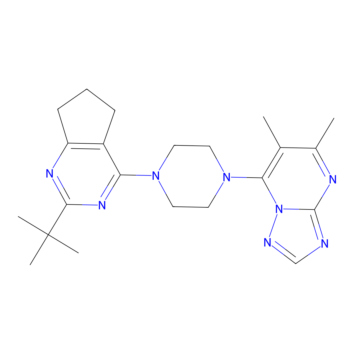 1-{2-tert-butyl-5H,6H,7H-cyclopenta[d]pyrimidin-4-yl}-4-{5,6-dimethyl-[1,2,4]triazolo[1,5-a]pyrimidin-7-yl}piperazine molecular structure, CAS 2640944-78-9