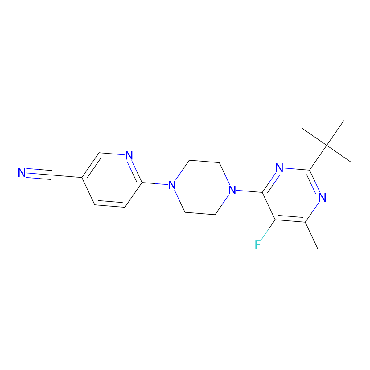6-[4-(2-Tert-butyl-5-fluoro-6-methylpyrimidin-4-yl)piperazin-1-yl]pyridine-3-carbonitrile molecular structure, CAS 2640944-82-5