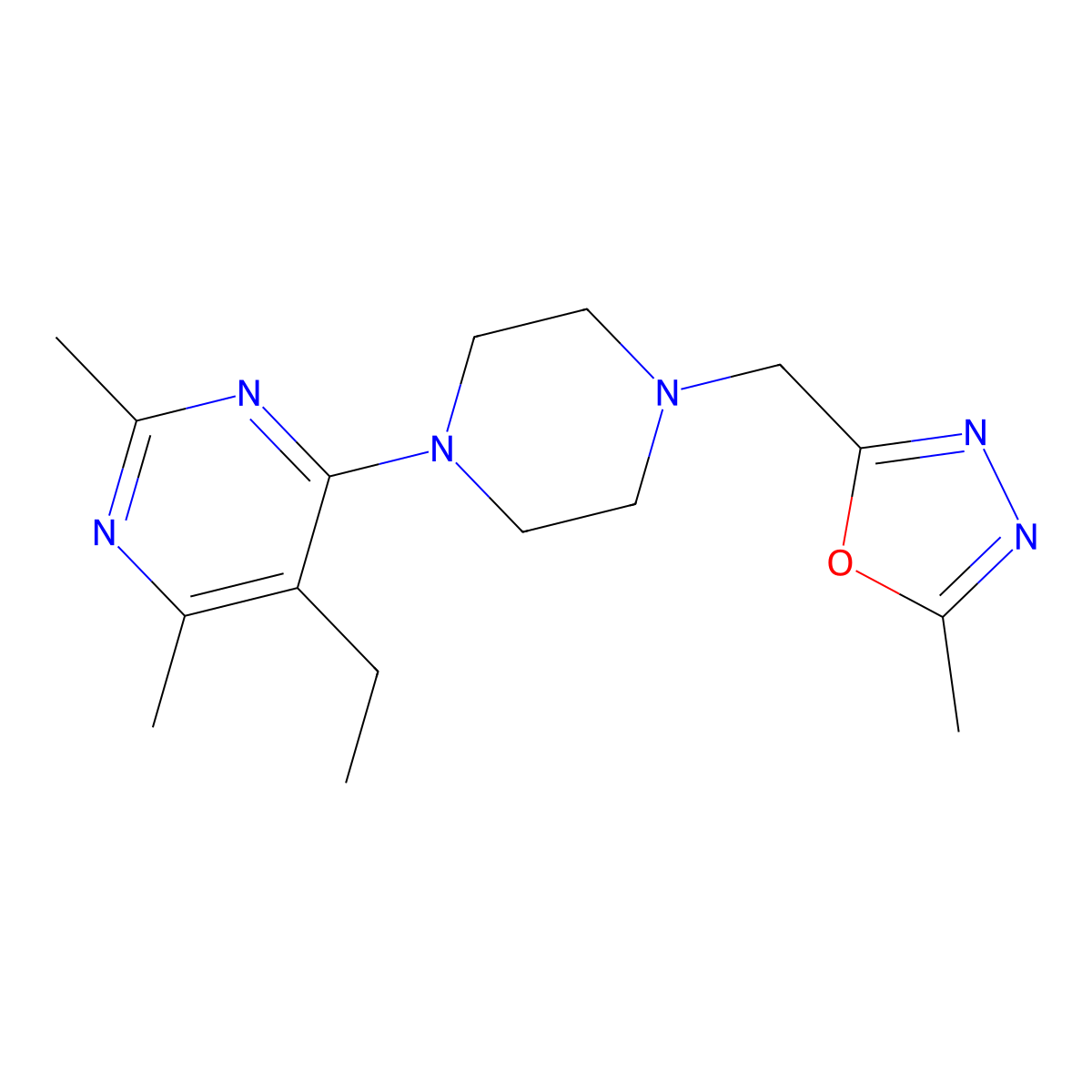 5-Ethyl-2,4-dimethyl-6-{4-[(5-methyl-1,3,4-oxadiazol-2-yl)methyl]piperazin-1-yl}pyrimidine molecular structure, CAS 2640944-86-9
