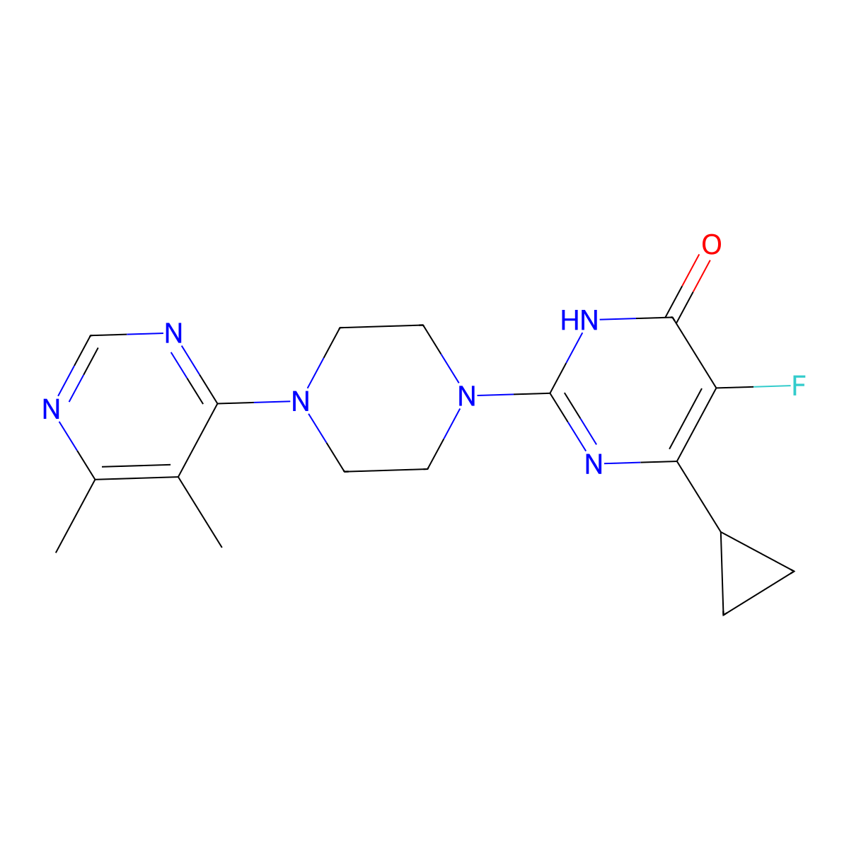 6-Cyclopropyl-2-[4-(5,6-dimethylpyrimidin-4-yl)piperazin-1-yl]-5-fluoro-3,4-dihydropyrimidin-4-one molecular structure, CAS 2640944-98-3