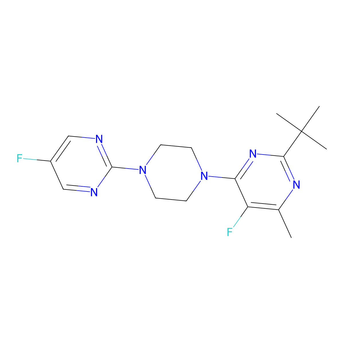 2-Tert-butyl-5-fluoro-4-[4-(5-fluoropyrimidin-2-yl)piperazin-1-yl]-6-methylpyrimidine molecular structure, CAS 2640945-00-0