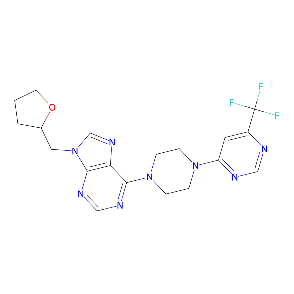9-[(oxolan-2-yl)methyl]-6-{4-[6-(trifluoromethyl)pyrimidin-4-yl]piperazin-1-yl}-9H-purine molecular structure, CAS 2640945-01-1
