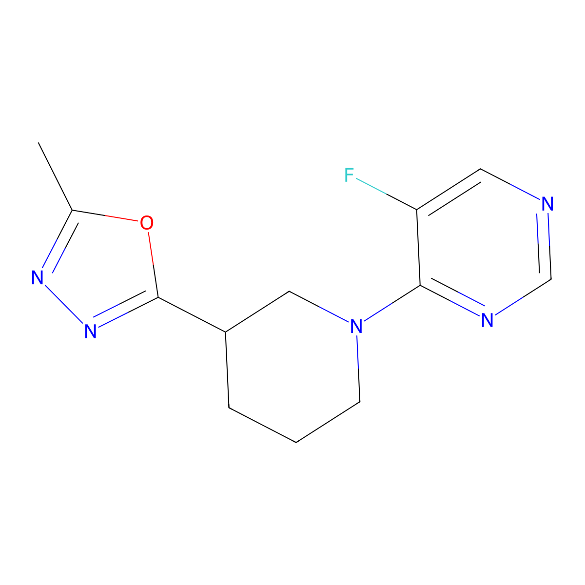 5-Fluoro-4-[3-(5-methyl-1,3,4-oxadiazol-2-yl)piperidin-1-yl]pyrimidine molecular structure, CAS 2640945-09-9