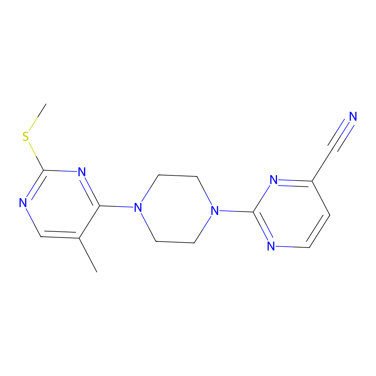 2-{4-[5-Methyl-2-(methylsulfanyl)pyrimidin-4-yl]piperazin-1-yl}pyrimidine-4-carbonitrile molecular structure, CAS 2640945-10-2