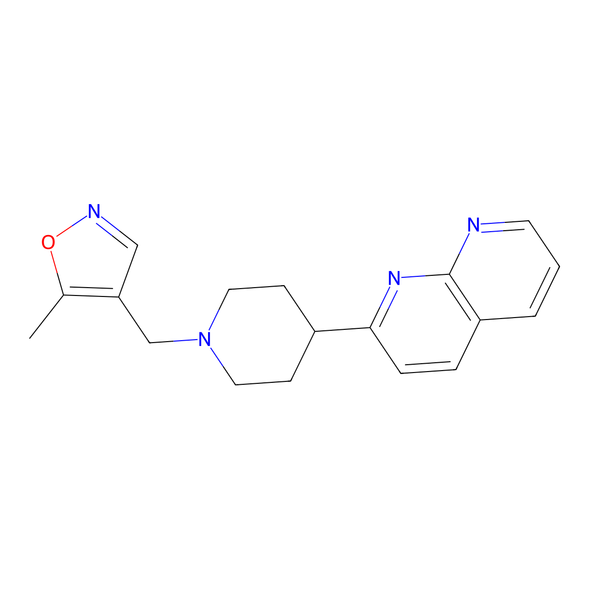 2-{1-[(5-Methyl-1,2-oxazol-4-yl)methyl]piperidin-4-yl}-1,8-naphthyridine molecular structure, CAS 2640945-11-3