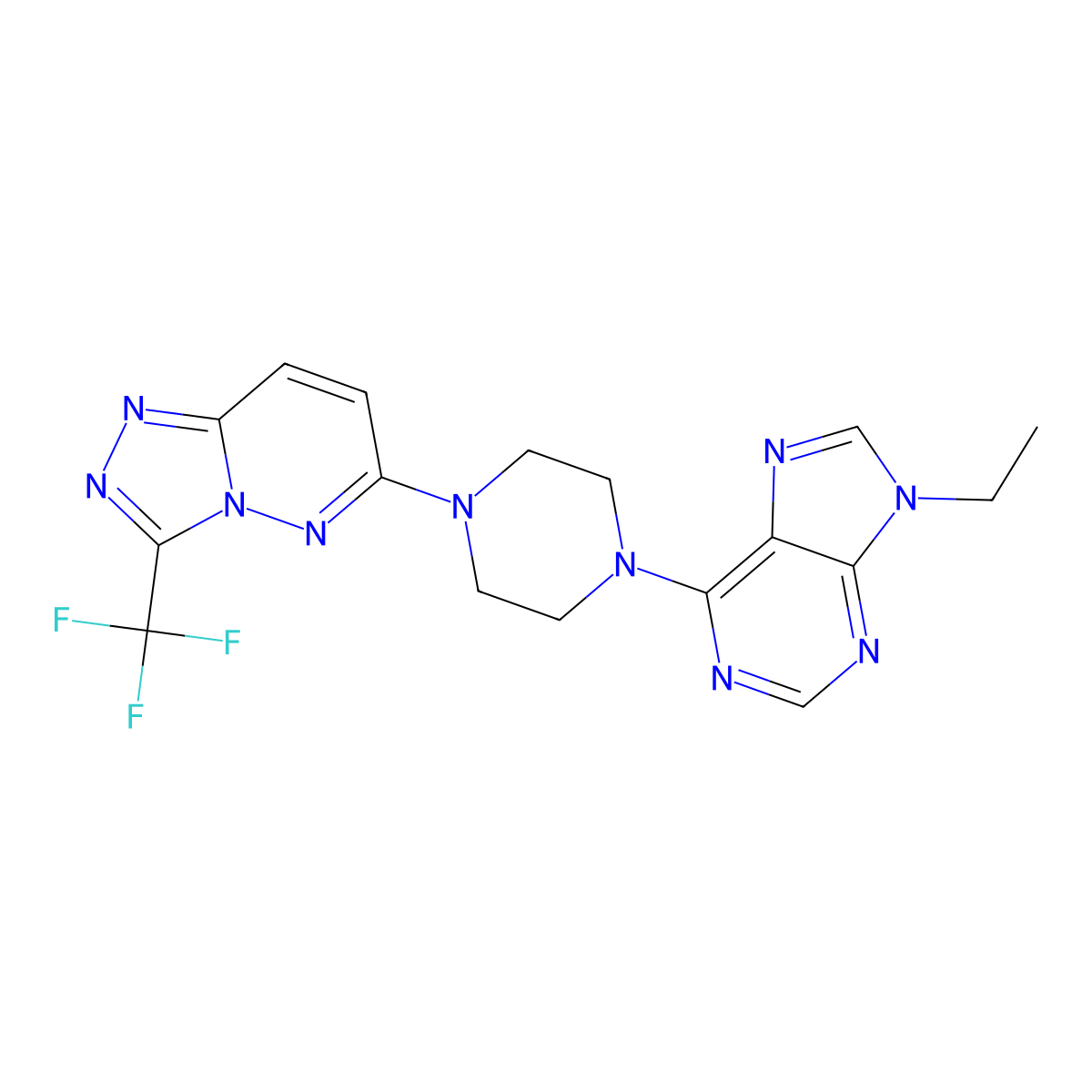 9-ethyl-6-{4-[3-(trifluoromethyl)-[1,2,4]triazolo[4,3-b]pyridazin-6-yl]piperazin-1-yl}-9H-purine molecular structure, CAS 2640945-12-4