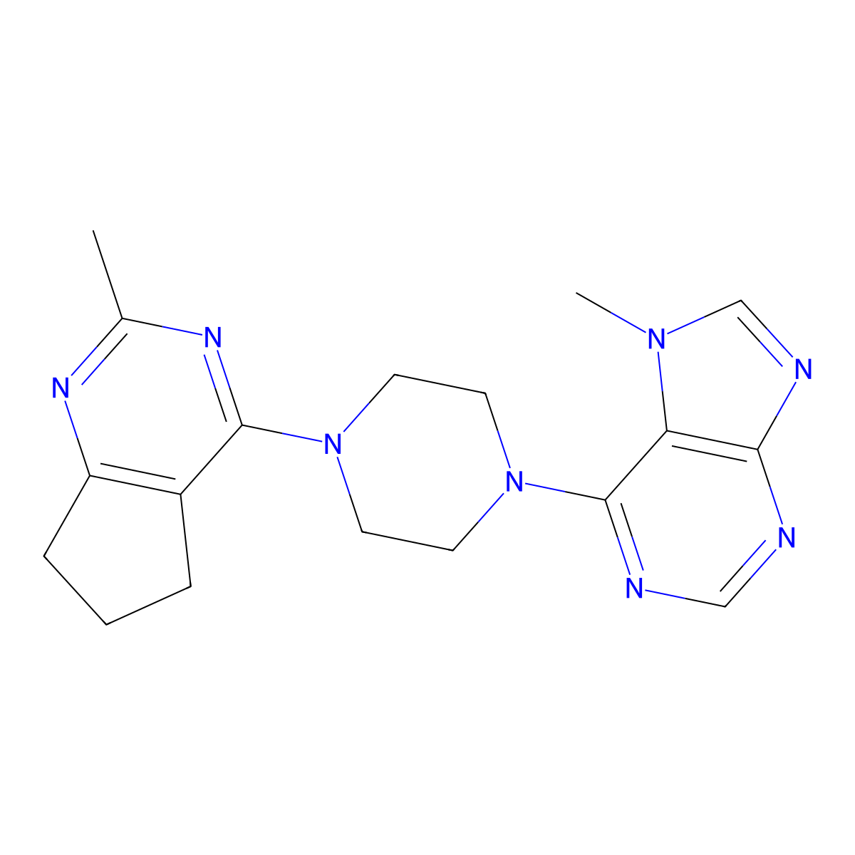 7-methyl-6-(4-{2-methyl-5H,6H,7H-cyclopenta[d]pyrimidin-4-yl}piperazin-1-yl)-7H-purine molecular structure, CAS 2640945-14-6