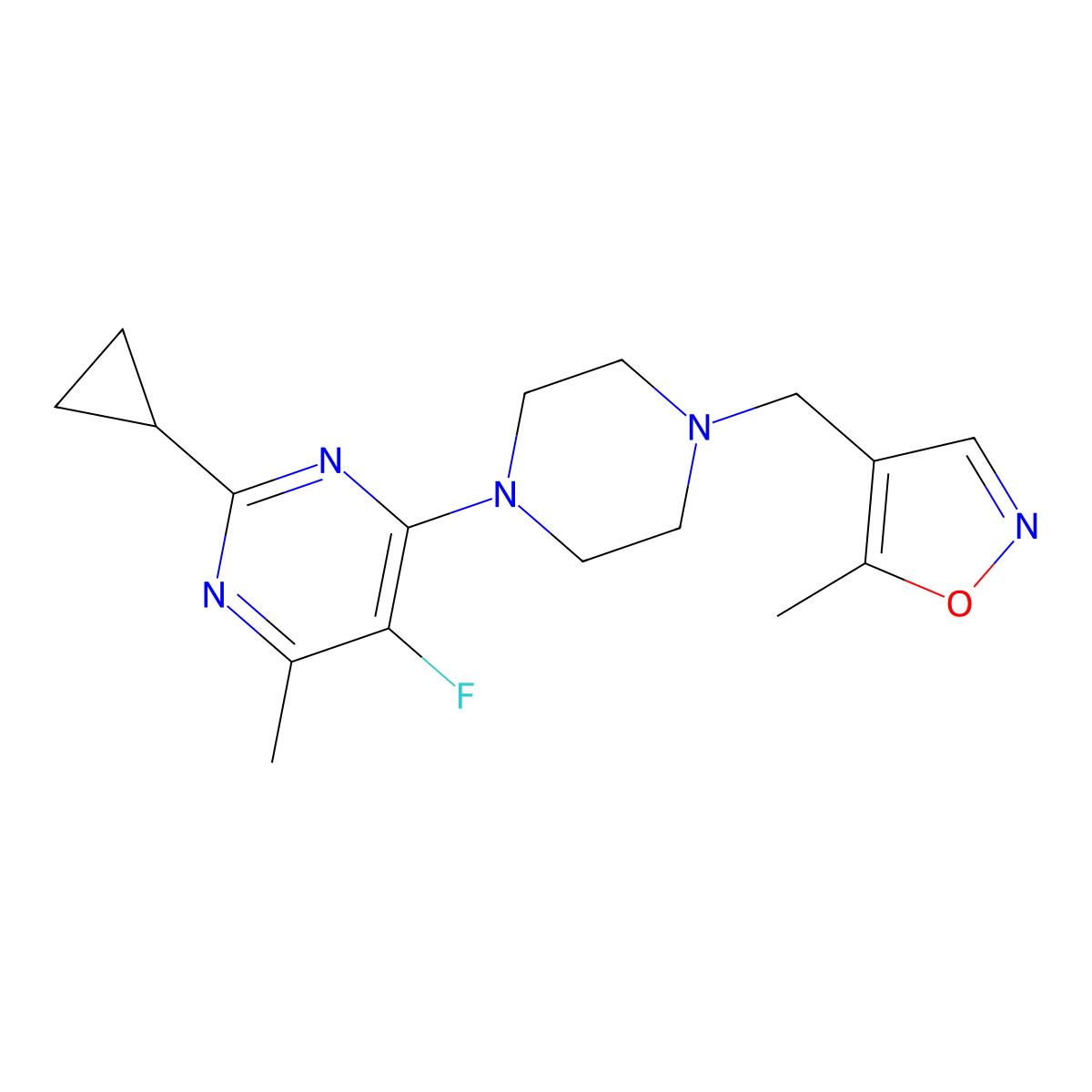 2-Cyclopropyl-5-fluoro-4-methyl-6-{4-[(5-methyl-1,2-oxazol-4-yl)methyl]piperazin-1-yl}pyrimidine molecular structure, CAS 2640945-18-0