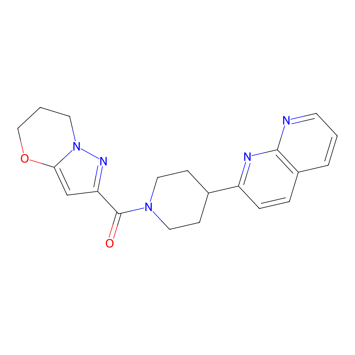 2-(1-{5H,6H,7H-pyrazolo[3,2-b][1,3]oxazine-2-carbonyl}piperidin-4-yl)-1,8-naphthyridine molecular structure, CAS 2640945-21-5