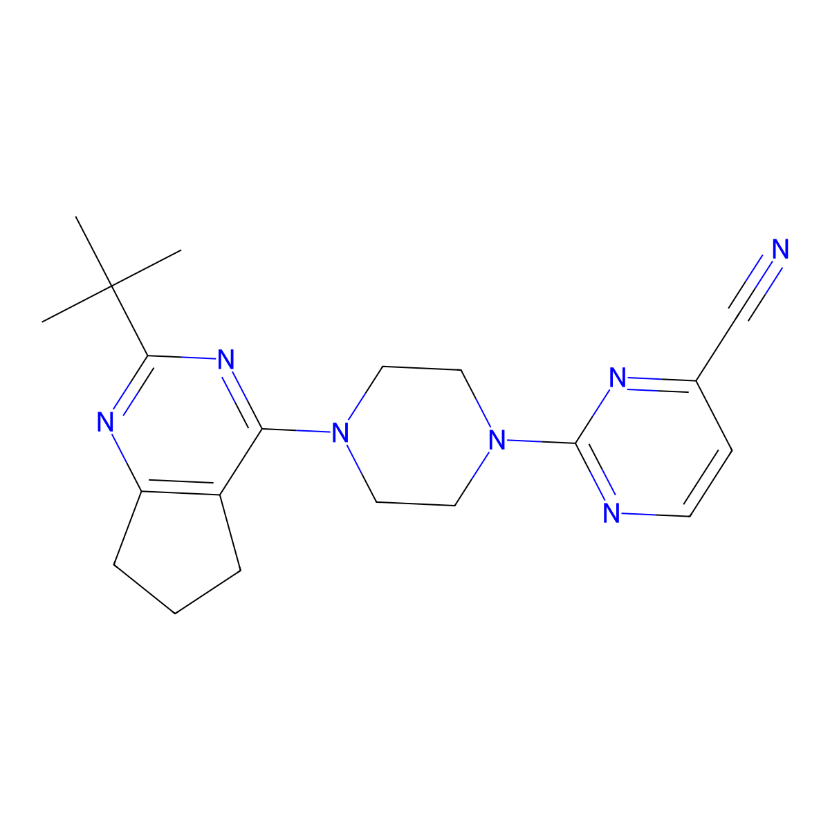 2-(4-{2-tert-butyl-5H,6H,7H-cyclopenta[d]pyrimidin-4-yl}piperazin-1-yl)pyrimidine-4-carbonitrile molecular structure, CAS 2640945-32-8