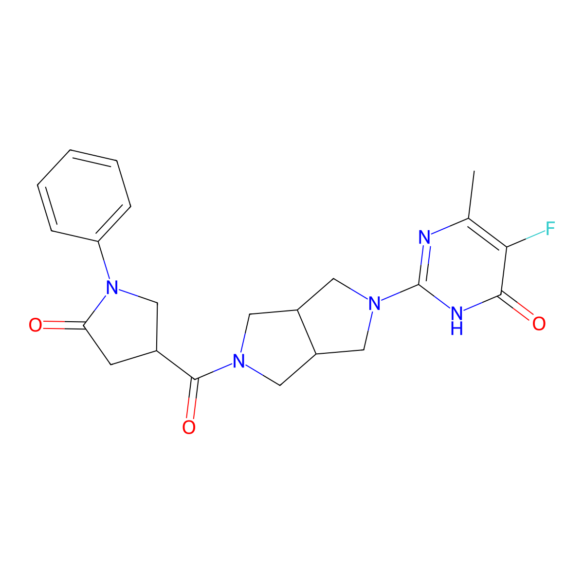 5-Fluoro-6-methyl-2-[5-(5-oxo-1-phenylpyrrolidine-3-carbonyl)-octahydropyrrolo[3,4-c]pyrrol-2-yl]-3,4-dihydropyrimidin-4-one molecular structure, CAS 2640945-34-0
