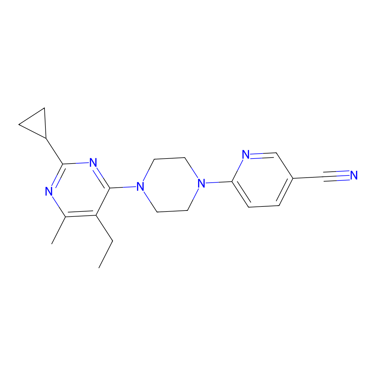 6-[4-(2-Cyclopropyl-5-ethyl-6-methylpyrimidin-4-yl)piperazin-1-yl]pyridine-3-carbonitrile molecular structure, CAS 2640945-40-8
