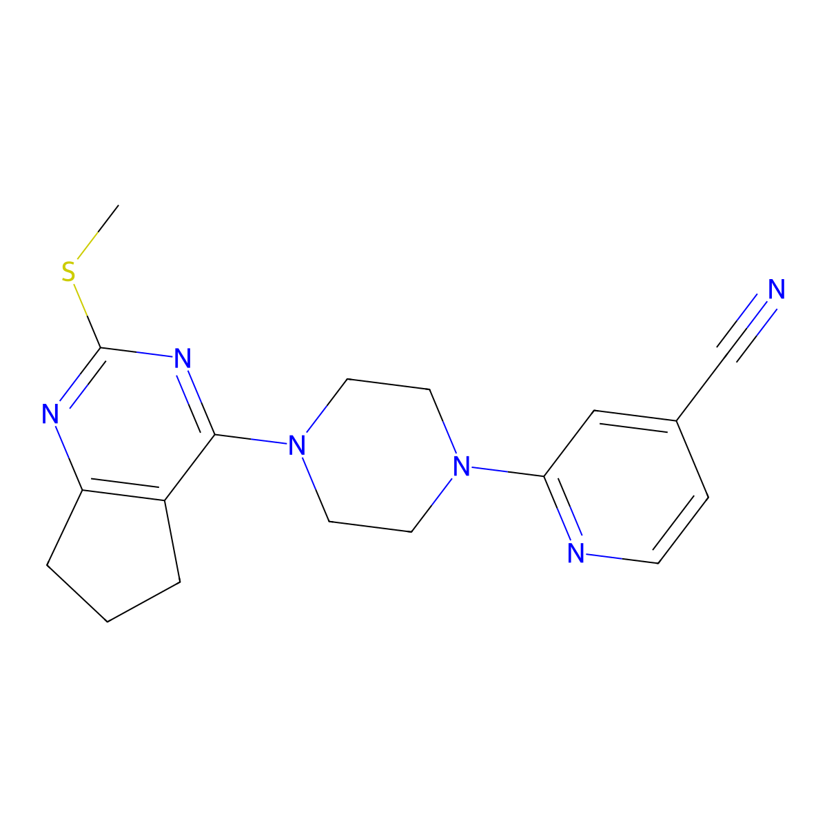 2-{4-[2-(methylsulfanyl)-5H,6H,7H-cyclopenta[d]pyrimidin-4-yl]piperazin-1-yl}pyridine-4-carbonitrile molecular structure, CAS 2640945-42-0