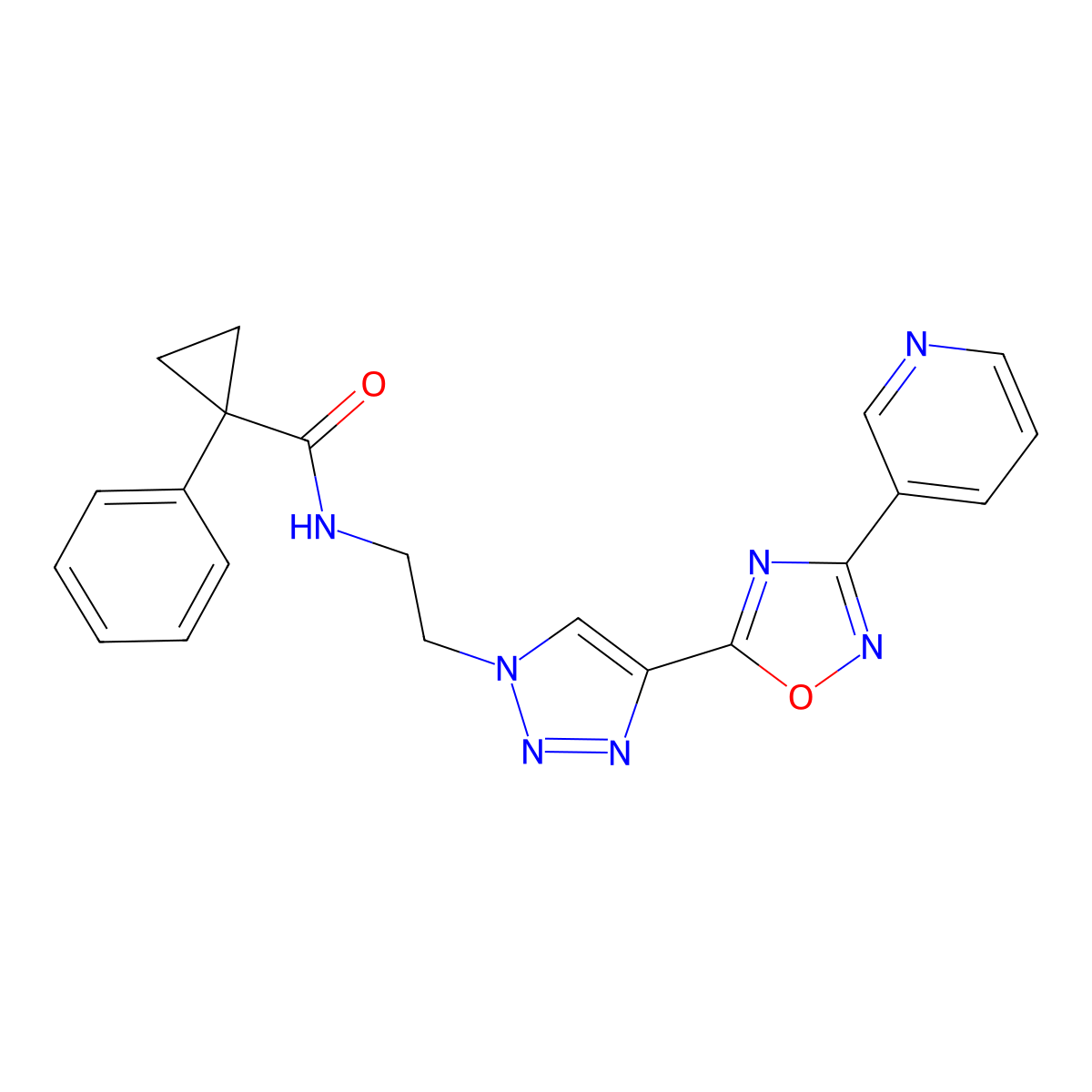 1-phenyl-N-(2-{4-[3-(pyridin-3-yl)-1,2,4-oxadiazol-5-yl]-1H-1,2,3-triazol-1-yl}ethyl)cyclopropane-1-carboxamide molecular structure, CAS 2640945-43-1