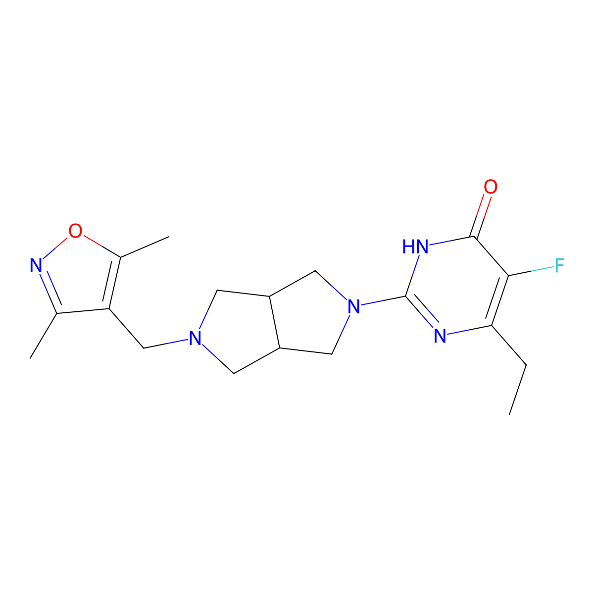 2-{5-[(3,5-Dimethyl-1,2-oxazol-4-yl)methyl]-octahydropyrrolo[3,4-c]pyrrol-2-yl}-6-ethyl-5-fluoro-3,4-dihydropyrimidin-4-one molecular structure, CAS 2640945-47-5