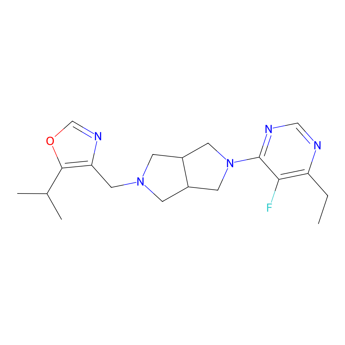 4-Ethyl-5-fluoro-6-(5-{[5-(propan-2-yl)-1,3-oxazol-4-yl]methyl}-octahydropyrrolo[3,4-c]pyrrol-2-yl)pyrimidine molecular structure, CAS 2640945-52-2