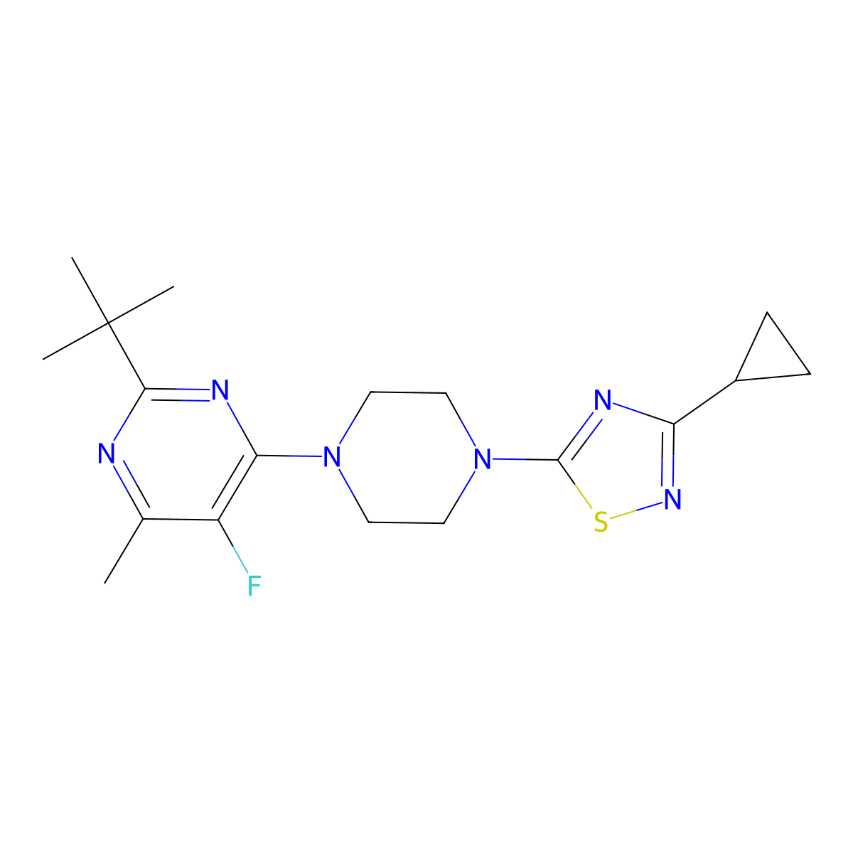 2-Tert-butyl-4-[4-(3-cyclopropyl-1,2,4-thiadiazol-5-yl)piperazin-1-yl]-5-fluoro-6-methylpyrimidine molecular structure, CAS 2640945-55-5