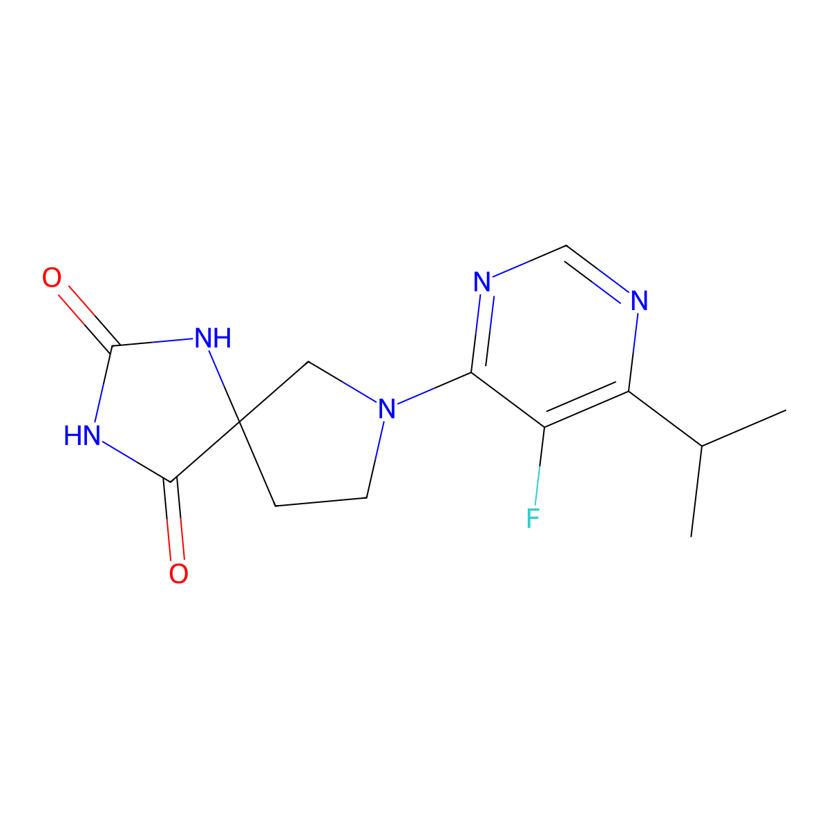 7-[5-Fluoro-6-(propan-2-yl)pyrimidin-4-yl]-1,3,7-triazaspiro[4.4]nonane-2,4-dione molecular structure, CAS 2640945-56-6