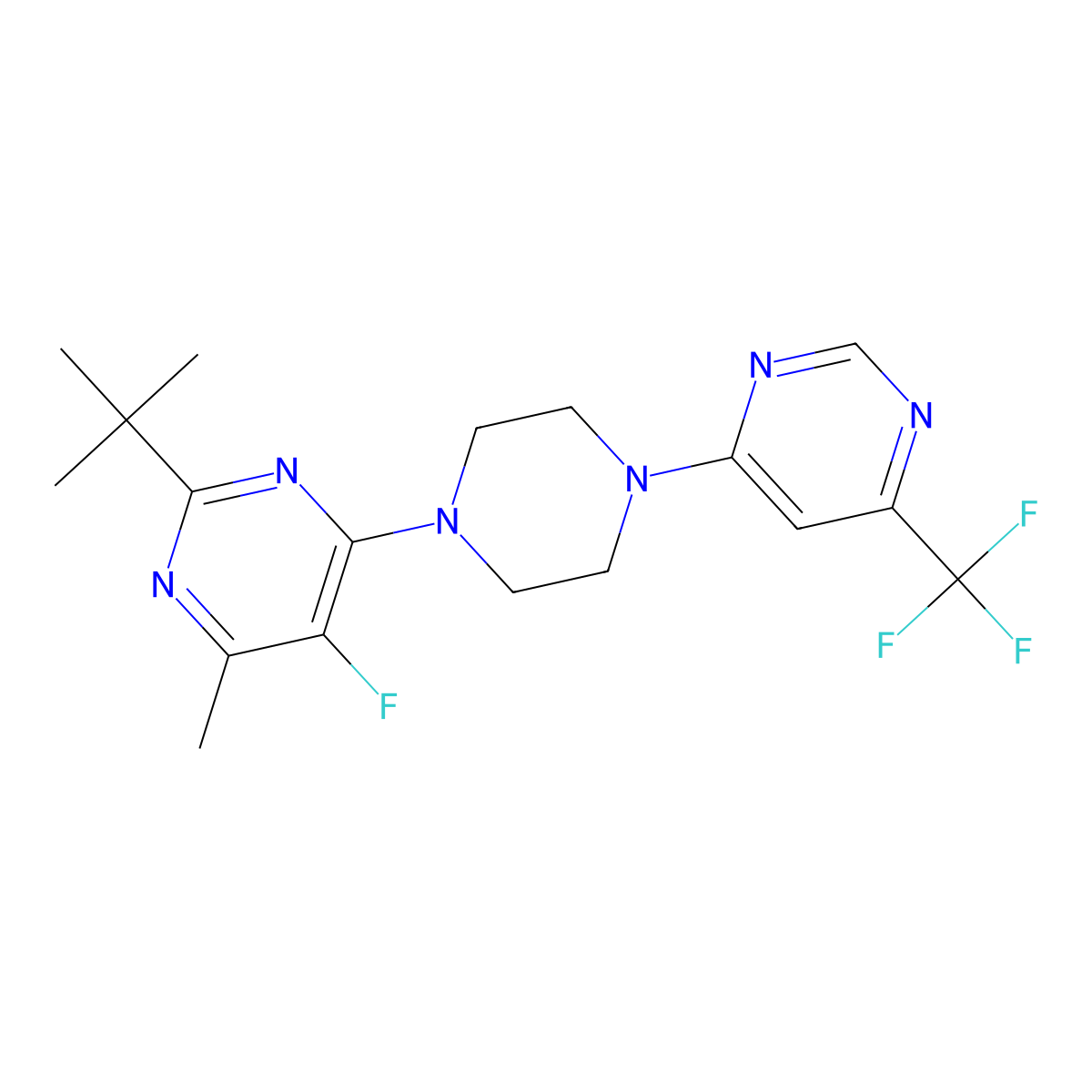 2-Tert-butyl-5-fluoro-4-methyl-6-{4-[6-(trifluoromethyl)pyrimidin-4-yl]piperazin-1-yl}pyrimidine molecular structure, CAS 2640945-61-3