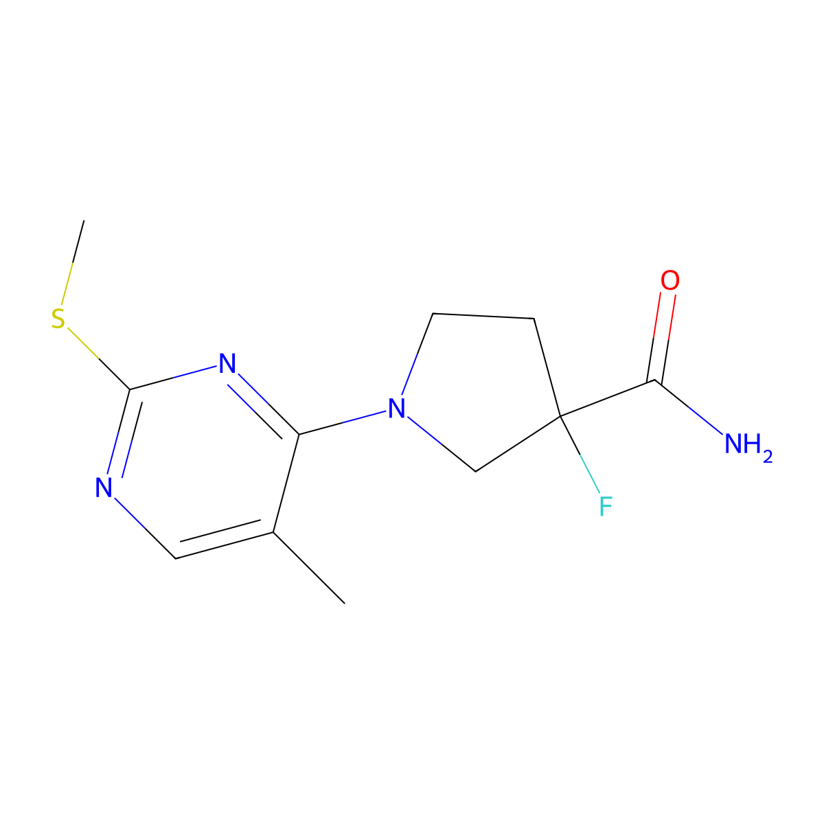 3-Fluoro-1-[5-methyl-2-(methylsulfanyl)pyrimidin-4-yl]pyrrolidine-3-carboxamide molecular structure, CAS 2640945-62-4