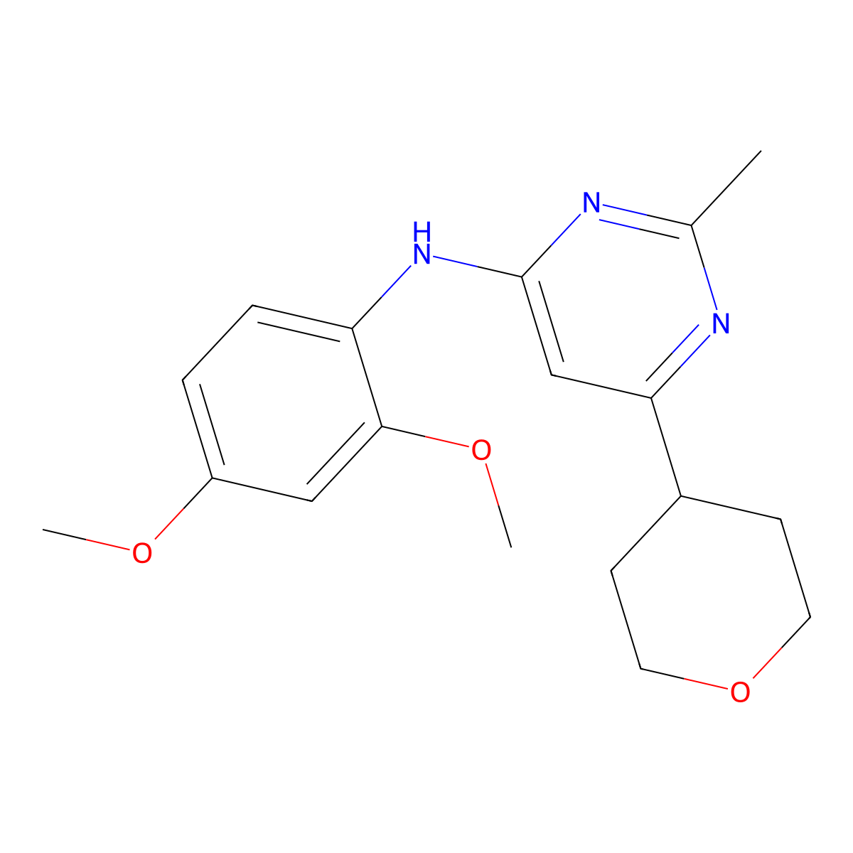 N-(2,4-dimethoxyphenyl)-2-methyl-6-(oxan-4-yl)pyrimidin-4-amine molecular structure, CAS 2640945-70-4