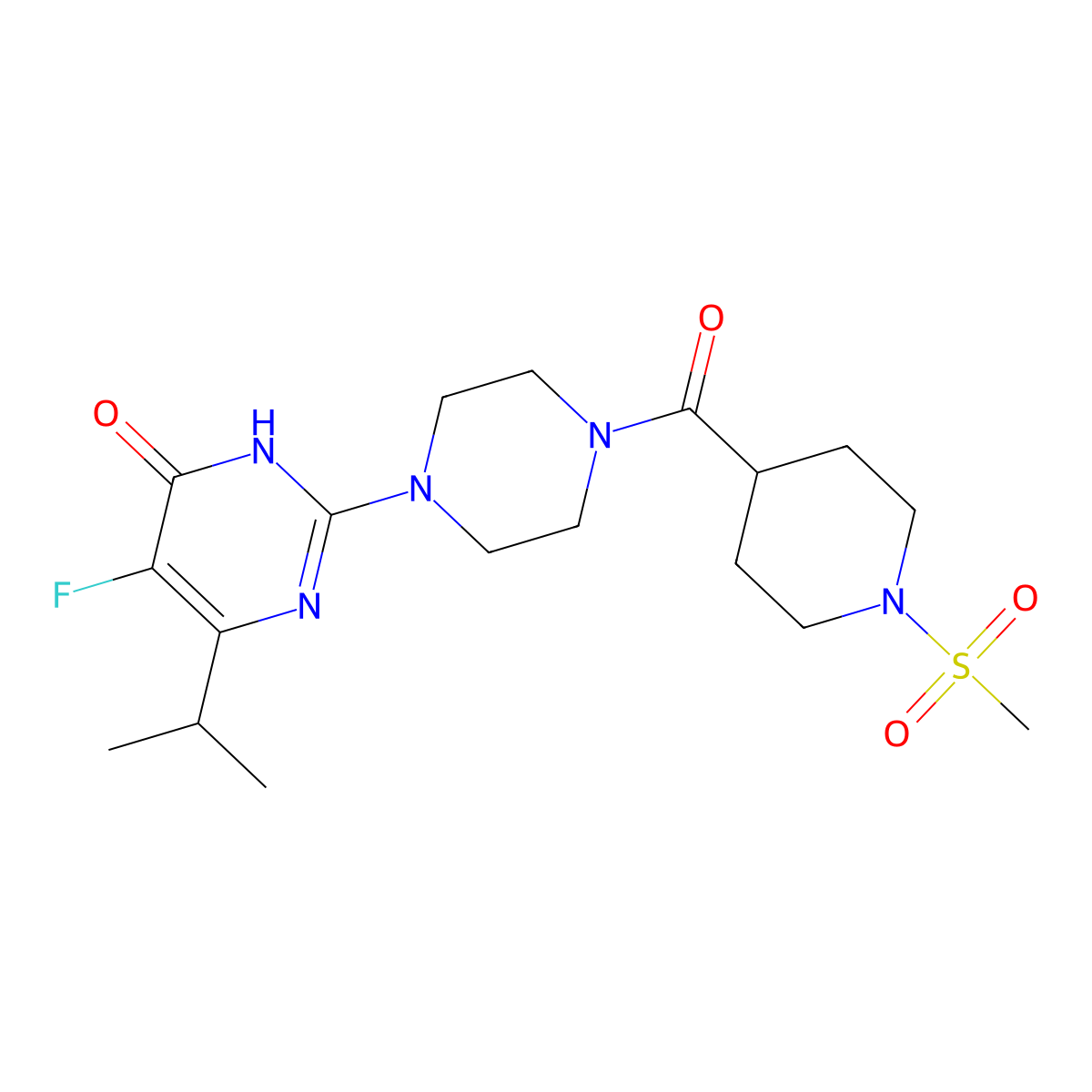 5-Fluoro-2-[4-(1-methanesulfonylpiperidine-4-carbonyl)piperazin-1-yl]-6-(propan-2-yl)-3,4-dihydropyrimidin-4-one molecular structure, CAS 2640945-73-7