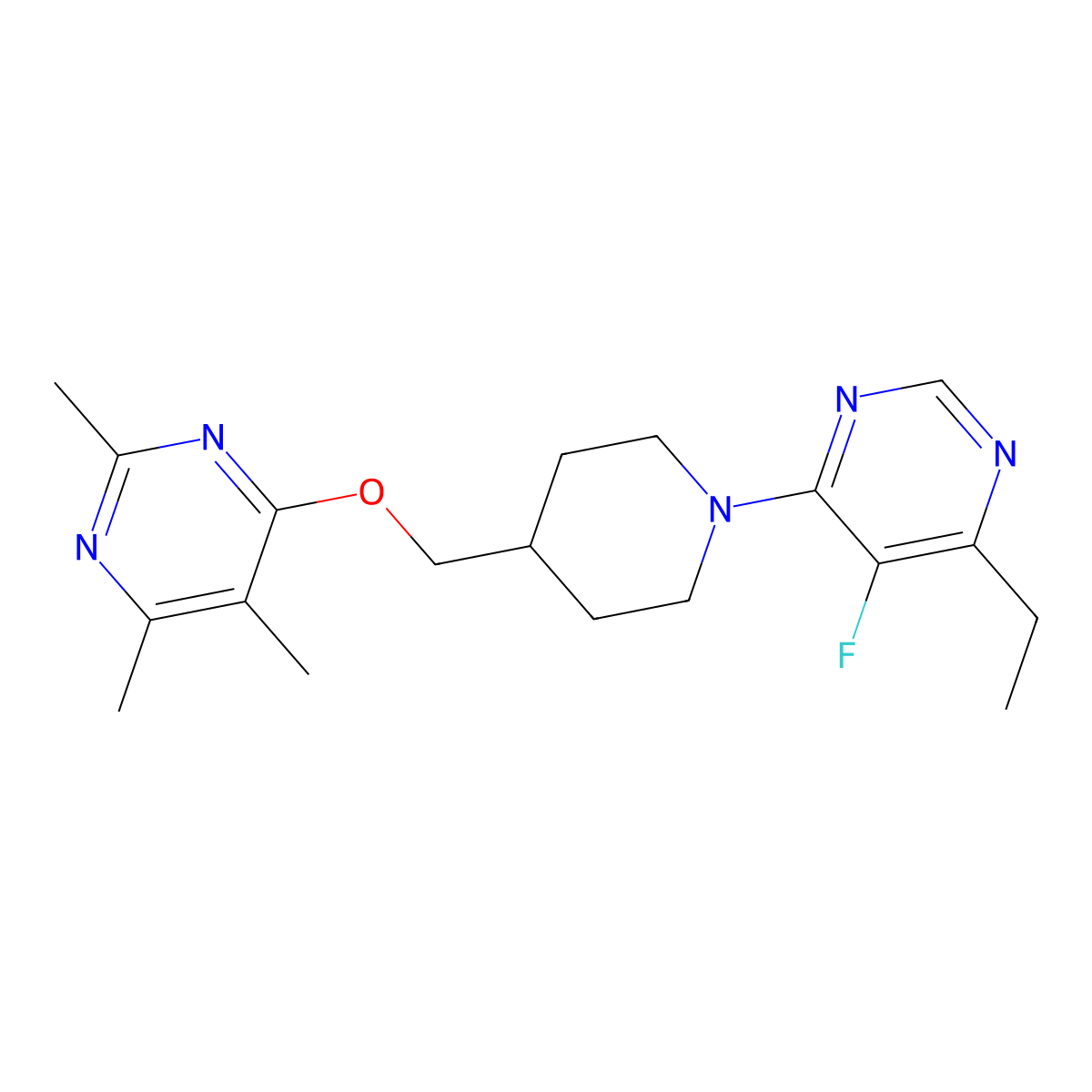 4-Ethyl-5-fluoro-6-(4-{[(2,5,6-trimethylpyrimidin-4-yl)oxy]methyl}piperidin-1-yl)pyrimidine molecular structure, CAS 2640945-76-0