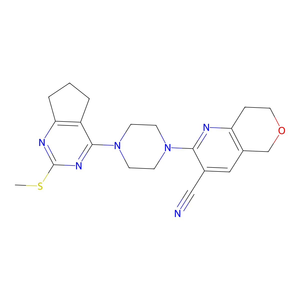 2-{4-[2-(methylsulfanyl)-5H,6H,7H-cyclopenta[d]pyrimidin-4-yl]piperazin-1-yl}-5H,7H,8H-pyrano[4,3-b]pyridine-3-carbonitrile molecular structure, CAS 2640945-80-6