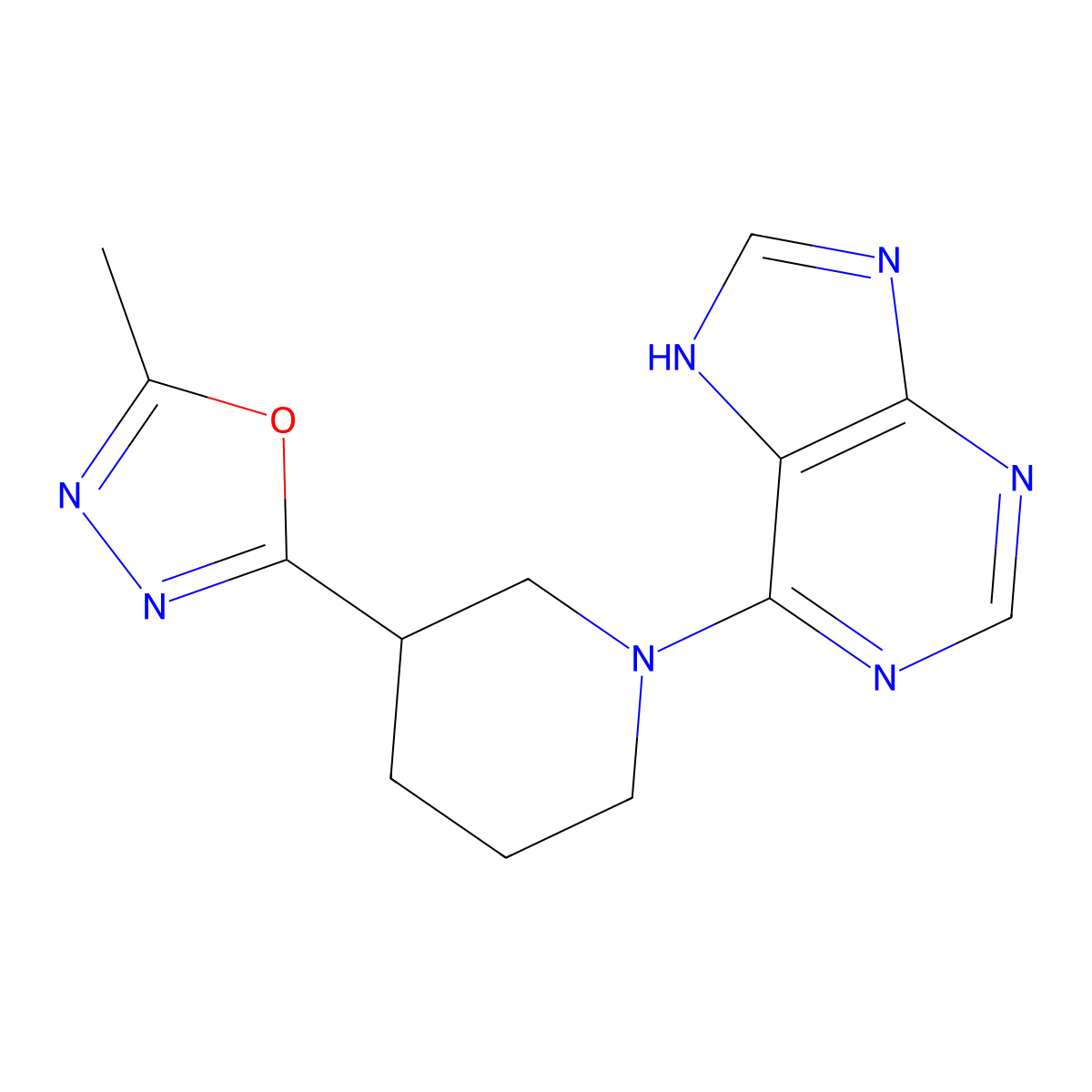 6-[3-(5-methyl-1,3,4-oxadiazol-2-yl)piperidin-1-yl]-9H-purine molecular structure, CAS 2640945-84-0