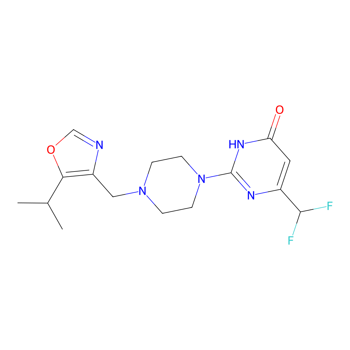 6-(Difluoromethyl)-2-(4-{[5-(propan-2-yl)-1,3-oxazol-4-yl]methyl}piperazin-1-yl)-3,4-dihydropyrimidin-4-one molecular structure, CAS 2640945-89-5