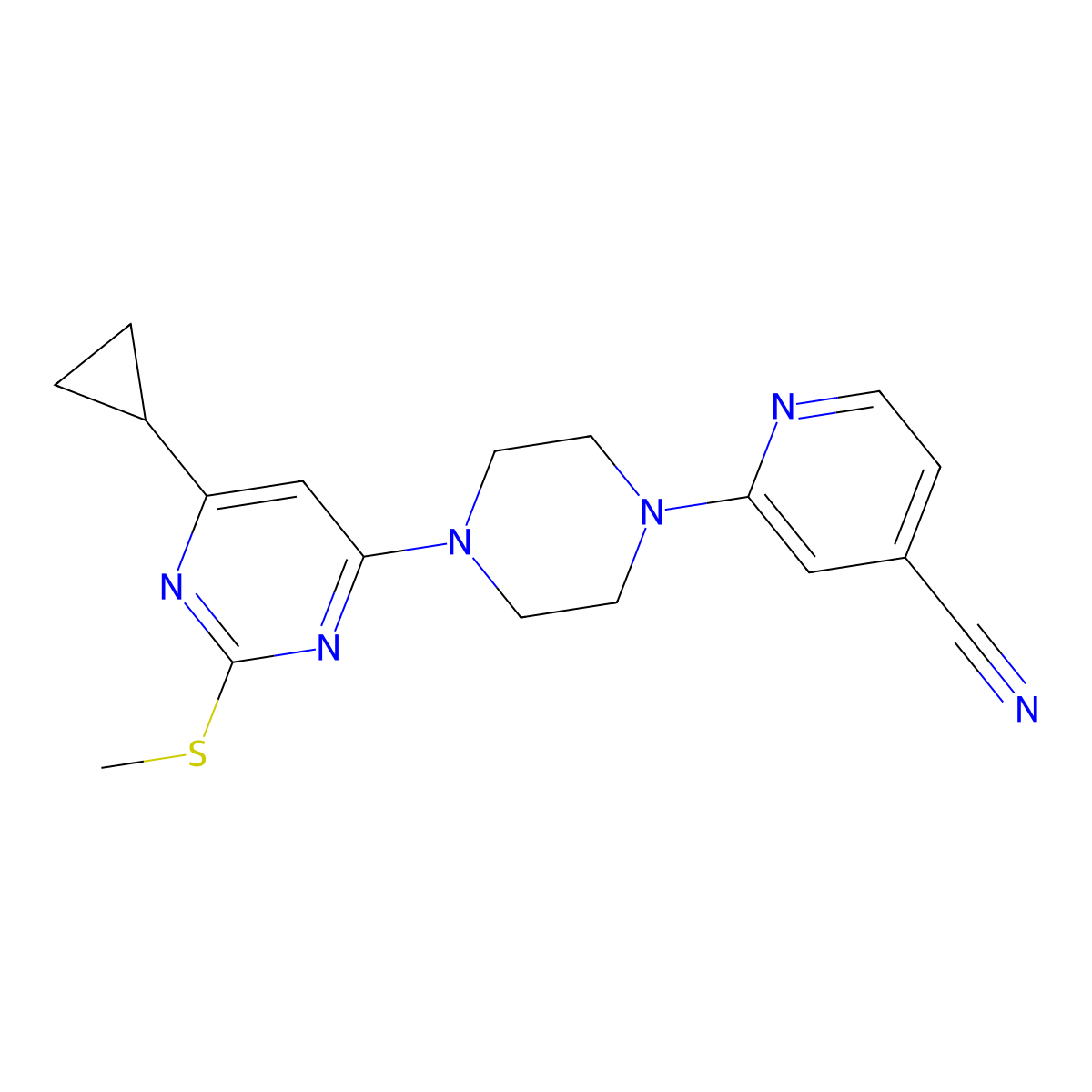 2-{4-[6-Cyclopropyl-2-(methylsulfanyl)pyrimidin-4-yl]piperazin-1-yl}pyridine-4-carbonitrile molecular structure, CAS 2640945-92-0