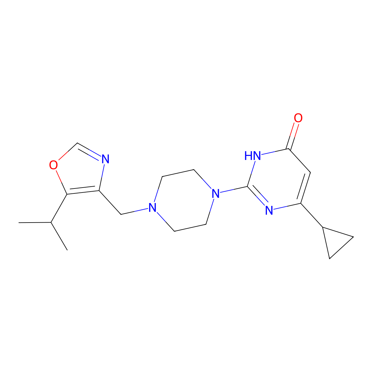 6-Cyclopropyl-2-(4-{[5-(propan-2-yl)-1,3-oxazol-4-yl]methyl}piperazin-1-yl)-3,4-dihydropyrimidin-4-one molecular structure, CAS 2640945-94-2