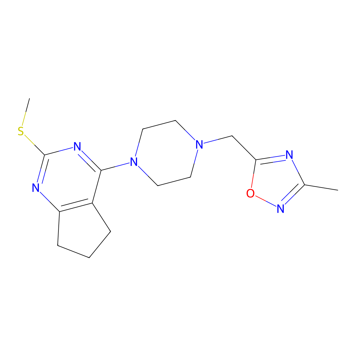 1-[(3-methyl-1,2,4-oxadiazol-5-yl)methyl]-4-[2-(methylsulfanyl)-5H,6H,7H-cyclopenta[d]pyrimidin-4-yl]piperazine molecular structure, CAS 2640945-98-6
