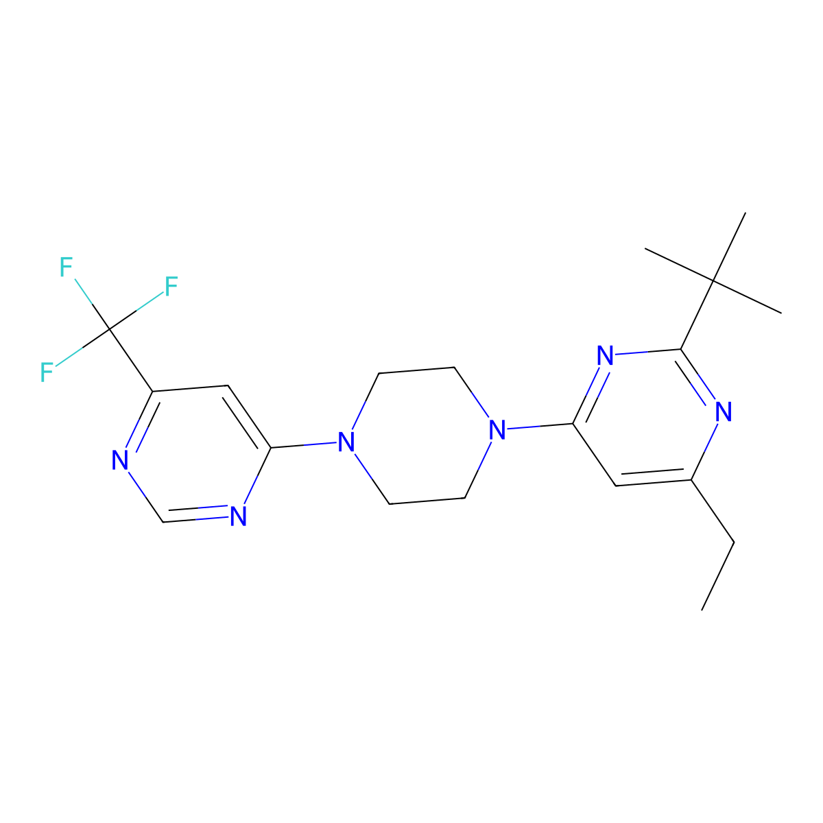 2-Tert-butyl-4-ethyl-6-{4-[6-(trifluoromethyl)pyrimidin-4-yl]piperazin-1-yl}pyrimidine molecular structure, CAS 2640946-01-4