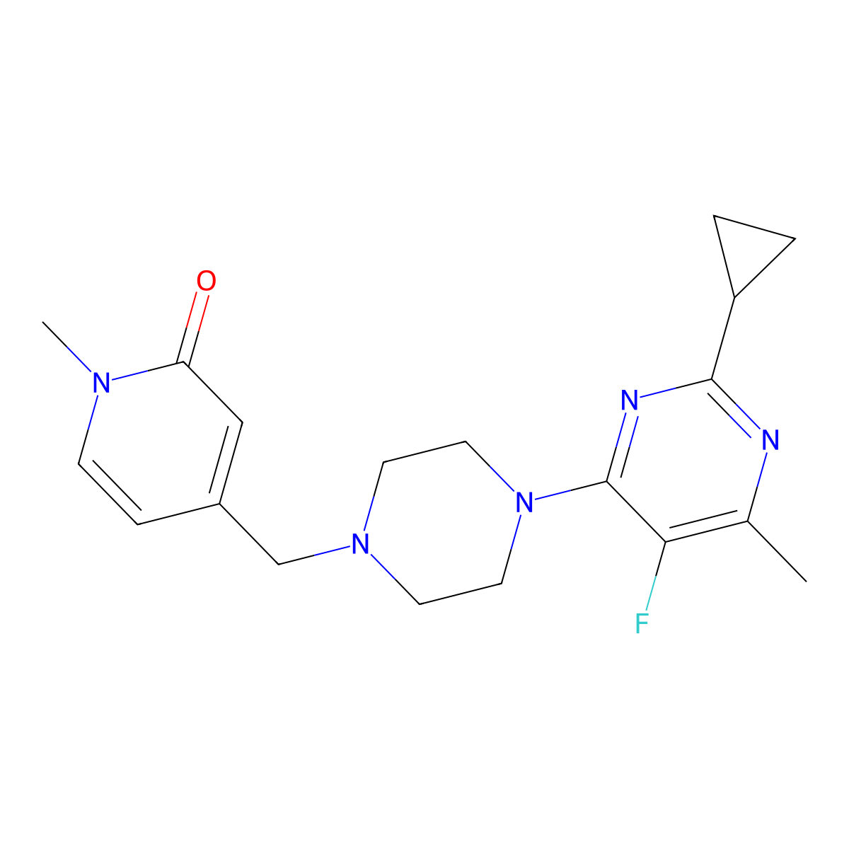 4-{[4-(2-Cyclopropyl-5-fluoro-6-methylpyrimidin-4-yl)piperazin-1-yl]methyl}-1-methyl-1,2-dihydropyridin-2-one molecular structure, CAS 2640946-02-5