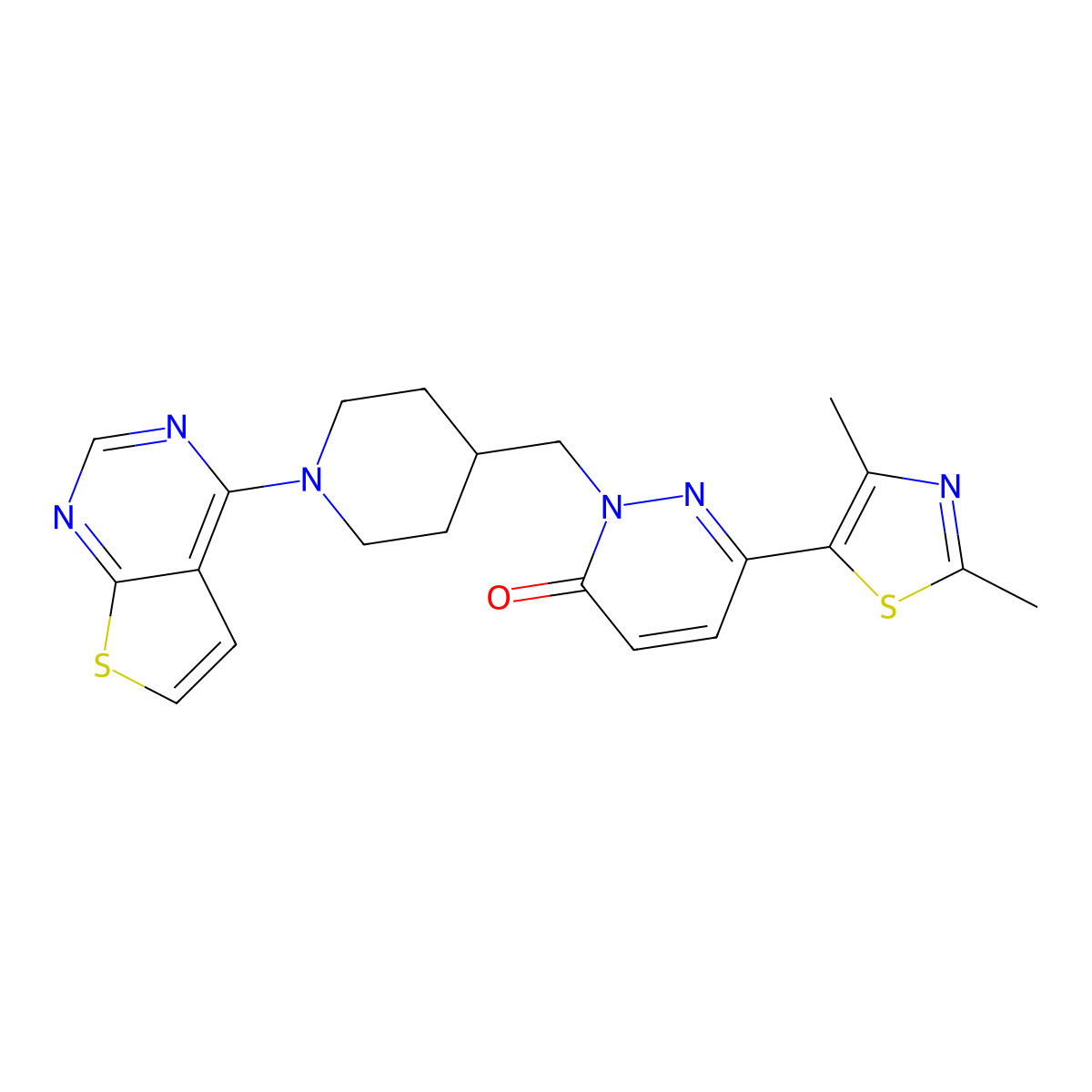 6-(2,4-Dimethyl-1,3-thiazol-5-yl)-2-[(1-{thieno[2,3-d]pyrimidin-4-yl}piperidin-4-yl)methyl]-2,3-dihydropyridazin-3-one molecular structure, CAS 2640946-07-0