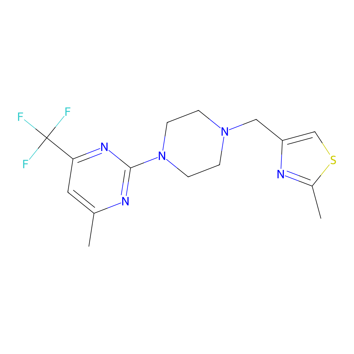 4-Methyl-2-{4-[(2-methyl-1,3-thiazol-4-yl)methyl]piperazin-1-yl}-6-(trifluoromethyl)pyrimidine molecular structure, CAS 2640946-08-1