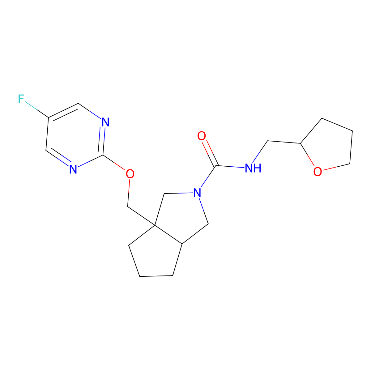 3a-{[(5-fluoropyrimidin-2-yl)oxy]methyl}-N-[(oxolan-2-yl)methyl]-octahydrocyclopenta[c]pyrrole-2-carboxamide molecular structure, CAS 2640946-10-5