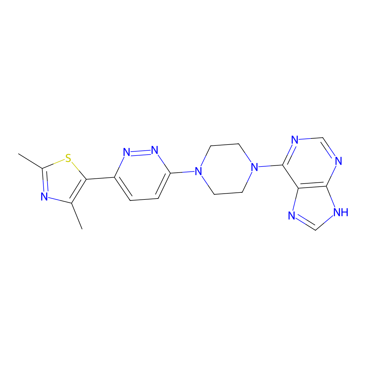 6-{4-[6-(2,4-dimethyl-1,3-thiazol-5-yl)pyridazin-3-yl]piperazin-1-yl}-9H-purine molecular structure, CAS 2640946-11-6