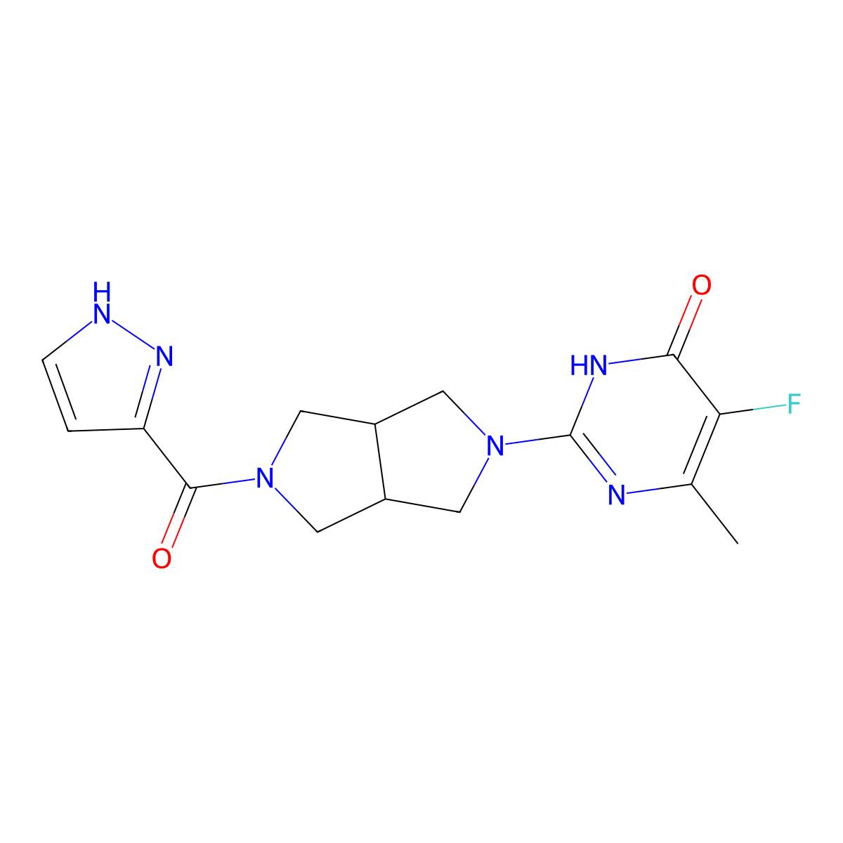 5-fluoro-6-methyl-2-[5-(1H-pyrazole-3-carbonyl)-octahydropyrrolo[3,4-c]pyrrol-2-yl]-3,4-dihydropyrimidin-4-one molecular structure, CAS 2640946-17-2